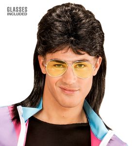 Vokuhila Männer Perücke mit Brille 80er Jahre Mullet in schwarz oder blond Schwarz