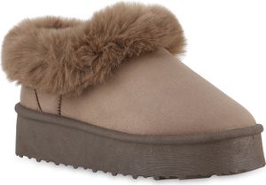 VAN HILL Damen Warm Gefütterte Pantoffeln Bequeme Kunstfell Schuhe 840792, Farbe: Khaki, Größe: 39