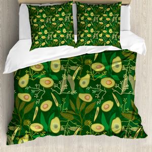 ABAKUHAUS Avocado Bettbezug Set für Einzelbetten, Retro Style-Blätter Früchte, Milbensicher Allergiker geeignet mit Kissenbezug, 155 cm x 220 cm - 80 x 80 cm, Grüne Avocado-Grün