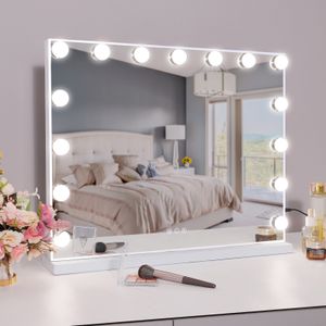VANITII Hollywoodske kozmetické zrkadlo 58 cm x 46 cm s osvetlením 15 stmievacích svetiel 3 svetelné režimy kozmetické zrkadlo do kúpeľne na toaletný stolík biele