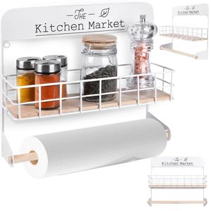 Küchenregal mit Küchenrollenhalter Schweberegal Ablage für Gewürze Wandrollenhalter aus Metall weiß