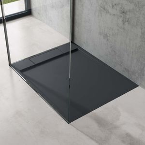 doporro Duschtasse Duschwanne 75x90x4 flach Mineralguss in Anthrazit inkl. Ablaufgarnitur AL01 DIN-Anschlüsse für bodenebene Montage geeignet Geoma04