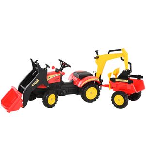 HOMCOM Trettraktor mit Anhänger Tretbagger Traktor mit Frontlader Kindertrettraktoren ab 3 Jahre Bagger Kinder Stahl Kunststoff Rot 179 x 42 x 59 cm
