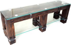 CHYRKA® TV Board (Natur, 160x38 cm H=60 cm) DROHOBYCZ Schrank Wohnzimmertisch Basis für TV modernes Design Glastisch Glas Loft Handmade Vintage Deco