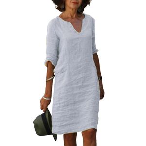 Damen Kurzärmelige Sommerkleider Baumwolle Atmungsaktive Midi Kleid Einfarbige V-Ausschnitt Leinen Kleid, Farbe: Weiß, Größe: L