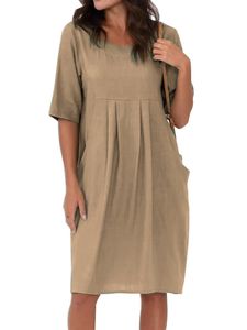 Damen Lockeres Lässiges Kleid Aus Baumwolle Leinen Falten Rundhalsausschnitt Blusenkleider Khaki,Größe M