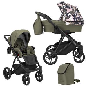 Kinderwagen LAZZIO Sportwagen Babywagen Babyschale Komplettset Kinder Wagen Set 2 in 1 (Olive + Blumen, Rahmenfarbe: Schwarz)