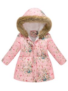 Mädchen Mit Kapuze Hals Outwear Winter Langarmjacken Fuzzy Fleece Knöpfe Down Jacke, Farbe: Rosa Blumen, Größe: DE 152