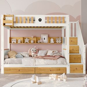 Flieks Etagenbett 90x200cm mit Rausfallschutz, Hochbett Kinderbett mit Treppe & Schubladen, Einzelbett Holzbett mit Ablagen & Lattenrost, Weiß Flieks Etagenbett 90x200cm mit Rausfallschutz, Hochbett Kinderbett mit Treppe & Schubladen, Einzelbett Holzbett mit Ablagen & Lattenrost, Weiß
