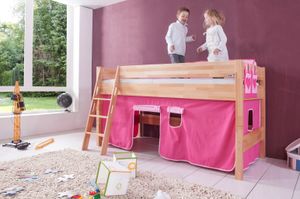 Relita Halbhohes Spielbett Kim Buche massiv natur lackiert mit Textil-Set, pink/rosa