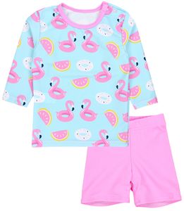 Aquarti Baby Mädchen Zweiteiler Kinder Badeanzug Bade-Set Bade T-Shirt Badehose UV-Schutz, Farbe: Langarm / Flamingos Hellgrün / Rosa, Größe: 116