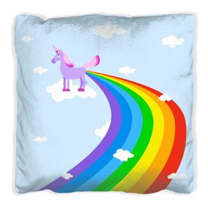 Wallario Premium Kissen, weiche Oberfläche, mit Motiv Einhorn mit Regenbogen aus dem Hintern, Größe: 30 x 30 cm, mit weißer Rückseite