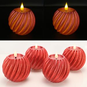 4 runde LED Kerzen aus Wachs mit realistischer Flamme, Timerfunktion und Glitzer Finish - Rot