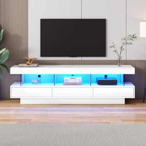 Merax TV-Schrank mit Schubladen und offenen Fächern, Lowboard hochglänzend, Fernsehtisch mit LED inkl. APP, TV-Ständer, 160x38x50.5cm, Weiß