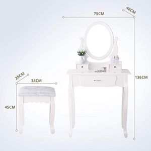 Toaletný stolík Julia Toaletný stolík so zrkadlom otočným o 360° a stoličkou a 3 zásuvkami, vidiecky štýl, MDF drevo, kozmetický stolík Toaletný stolík Komoda, 75x40x136cm, biela