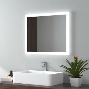 EMKE LED Badspiegel 50x60cm Badezimmerspiegel mit Beleuchtung 2 Lichtfarbe 3000/6500K Lichtspiegel Wandspiegel mit Tastenschalter + Beschlagfrei IP44 Energiesparend