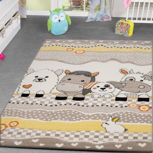 Kinder Teppich Bauernhof Design Lustige Tiere Kinderzimmer Teppiche Beige Creme Größe 120x170 cm