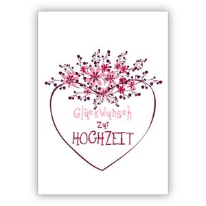 4x Wunderschöne Hochzeitskarte mit Blümchen und Herz: Glückwunsch zur Hochzeit