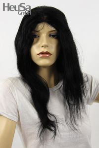 Schwarze Perücke Echthaar lang Frauenperücke echtes Haar 58 cm handgeknüpft