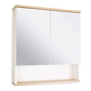 BadeDu Arc Spiegelschrank mit extra offenem Regal, Badschrank mit viel Stauraum und 2 Einlegeböden, Badezimmerschrank aus hochwertigem Holzwerkstoff in trendigem Weiß/Eiche