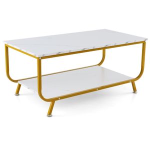 COSTWAY Konferenčný stolík mramorový vzhľad, obývačkový stôl obdĺžnikový so spodnou policou, rozkladací stolík s kovovým rámom, konferenčný stolík 105 x 55 x 46,5 cm do obývačky, kancelárie (biely)