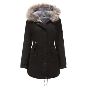 Damen Pelz gefütterte Winter Parka Jacke Mantel mit Kapuze warmer Mantel Outwear,Farbe: Schwarz,Größe:L