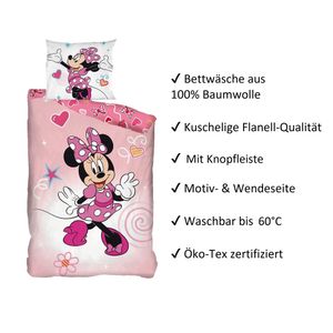 Minnie Mouse Flanell Bettwäsche rosa Motiv mit Herzen und Schleifen 135x200 + 80x80 cm Bettwäsche Set für Mädchen