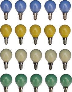 20x Glühlampe Glühbirne Kugel E14 25W 25 Watt 5x Farbe Blau Grün Gelb Matt