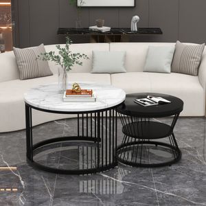 MODFU Couchtisch 2er Set Beistelltisch mit Ablagen und Metallrahmen，runder Nesting-Design，Schwarz und Weiß