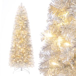 Yorbay 180cm Künstlicher Weihnachtsbaum schmal weißer Bleistiftbaum mit Beleuchtung Schnee LED Tannenbaum für Weihnachten-Dekoration, Silberweiß