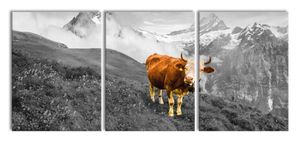 Kuh auf grüner Alm in den Bergen B&W Detail, XXL Leinwandbild in Übergröße 180x80m Gesamtmaß 3 teilig / Wandbild / Kunstdruck
