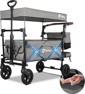Sekey Bollerwagen Faltbar mit Dach und Sitz, Bollerwagen für 2 Kinder, mit 3-Punkt Gurtsystem, Grau
