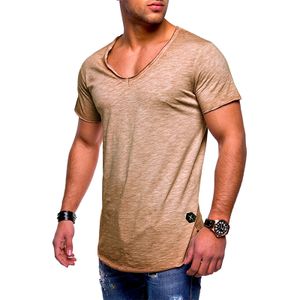 Herren Solide V-Ausschnitt Kurzarm Tops Casual T-Shirt Sommer Bluse Pullover Tunika,Farbe: Gelb,Größe:XXL