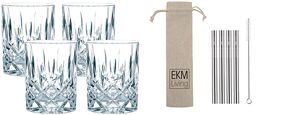 Spiegelau & Nachtmann, 4-teiliges Whisky/Longdrink-Set, Noblesse, 89207 + 4er Set EKM Living Edelstahl Strohhalme (Silber)