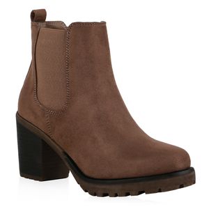 Mytrendshoe Damen Stiefeletten Chelsea Boots Blockabsatz 76870, Farbe: Schlamm, Größe: 37