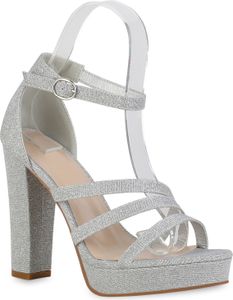 VAN HILL Damen Plateau Sandaletten Blockabsatz Party Glitzer Plateau-Schuhe 839961, Farbe: Silber, Größe: 40