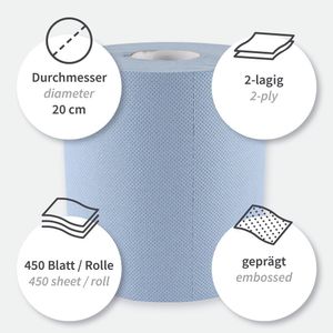 Papierhandtuch Rolle 2-lagig Recyclingpapier 1x6 Stück Innenabwicklung Blau