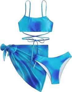 Stilvoller 3-teiliger Damen-Badeanzug: Farbverlauf, Batikmuster, hoch geschnittener Bikini mit Schnürung und passender Strandrock