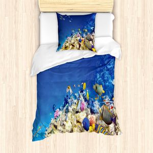 ABAKUHAUS Unterwasser- Bettbezug Set für Einzelbetten, Karibische Seelandschaft, Milbensicher Allergiker geeignet mit Kissenbezug, Blau Beige