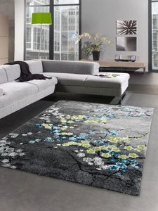 Designer Teppich Kurzflor Wohnzimmerteppich Blumen grau türkis blau Größe - 80x150 cm