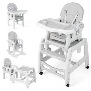 Dětská židlička COSTWAY 3 v 1, vysoká židlička, jídelní židlička a dětská sedačka, skládací dětská židlička s 5bodovými bezpečnostními pásy, odnímatelným podnosem, sedákem a opěradlem, pro děti od 6 do 36 měsíců, nosnost 20 kg (šedá)
