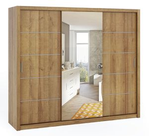 FURNIX Schwebetürenschrank BERTI 3-türiger Kleiderschrank mit Spiegel Schrank 250x215 cm Eiche Gold