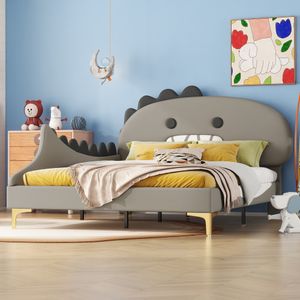 Čalouněná postel Flieks 140x200 cm s lamelovým roštem, dětská postel s ochranou proti vypadnutí, manželská postel s čelem ve tvaru dinosaura, dřevěná postel PU, šedá barva