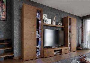 FURNIX Mediawand RIVAY XL Wohnwand 4-teilig, Vitrine, TV Schrank, Highboard 300 cm für Wohnzimmer klassisch modern Eiche Lefkas