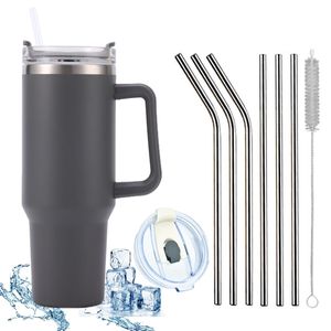 1200 ML Isolierbecher Edelstahl mit Griff 40 OZ Doppelwandiger Kühlbecher Reisebecher Autobecher mit Strohhalm und Auslaufsicher Becherdeckel, grau, 9 Stück, 40 OZ