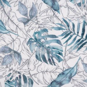 Baumwolljersey Jersey Organic Bio Digitaldruck Dschungel Palmenblätter weiß blau 1,45m Breite
