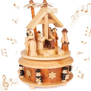 BRUBAKER Spieluhr aus Holz - Krippe mit Jesus, Maria und Josef - Melodie: Stille Nacht - 19 cm Musik Box Weihnachten - Spieldose Karussell, Braun