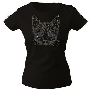Girly-Shirt mit Strasssteinen Glitzer - Katze Cat - 88334 schwarz Gr. XS-2XL Größe - L