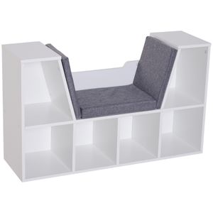 HOMCOM Bücherregal mit Sitzhocker Sitzbank Sitzbänke & -truhen mit 6 Stauräumen für Aufbewahrung Sitzbar mit Kissen Spanplatte Schaumstoff Leinen Weiß+Grau 102 × 30 × 61 cm