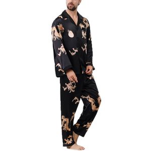 Frauen Nachahmung Seide Drachen Print Shirt Hosen Paar Nachtwäsche Pyjama Set||Schwarz||M